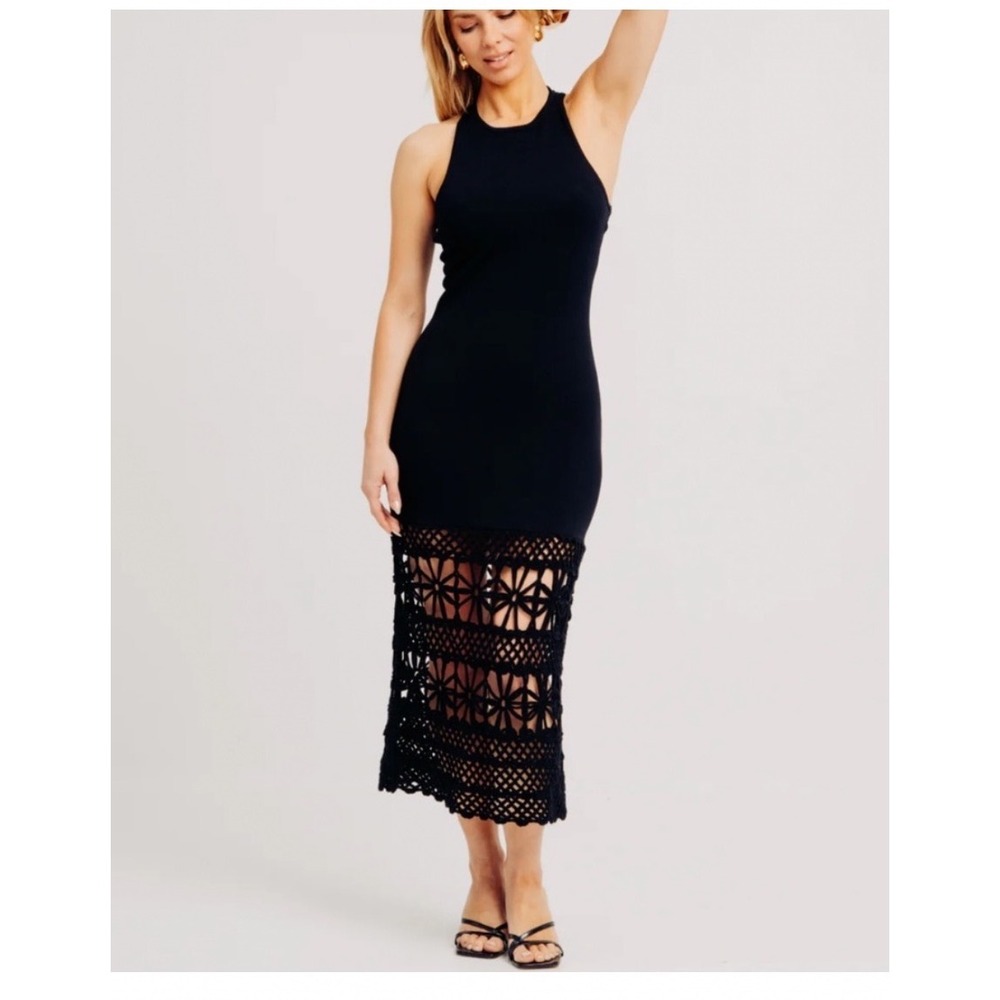 Torn by Ronny Kobo Nina Dress Women Size S Black Crochet Macrame Hem 20-8647